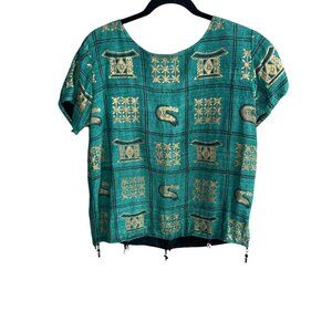 Ashro Vintage Green Gold Ethnic Tribal 100% Silk Top
